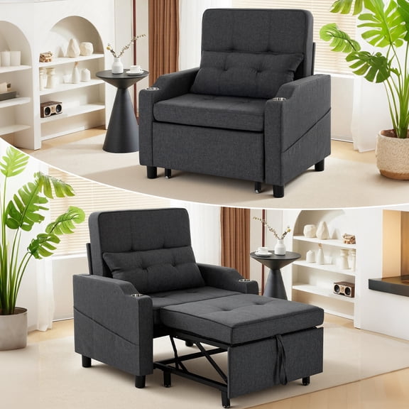 Sleeper Chair,Single Armchair Sofa with Pillow,Adjustable Backrest Modern Pull Out Couch Bed with USB Port Cup Holder Side Pocket,Dark Grey