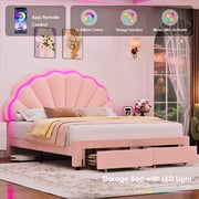 Homfa Full LED Bed Frame with Storage Drawers, Velvet Upholstered Bed with Adjustable Petal Headboard, No Box Spring Needed, Pink