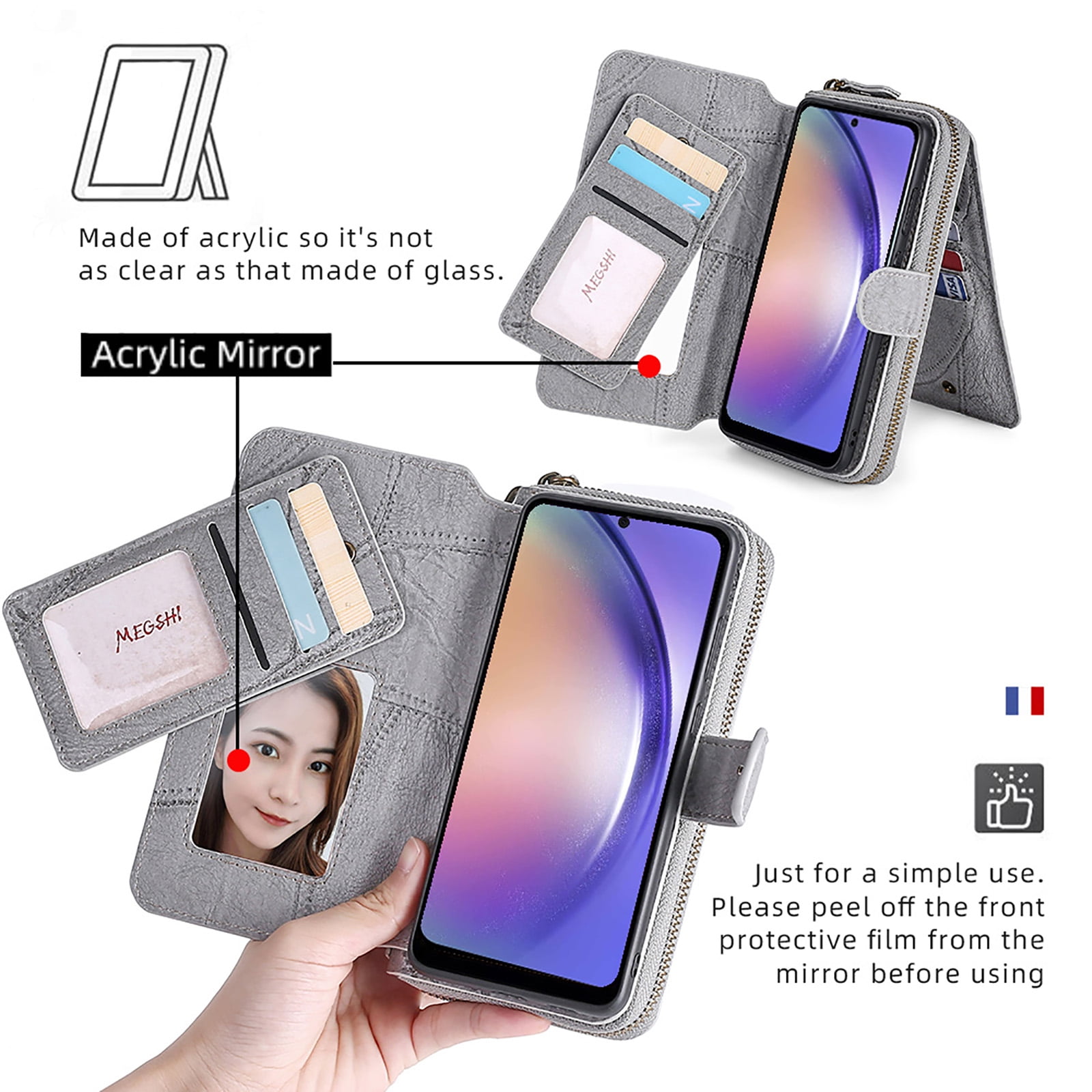 For Samsung Galaxy A15 Wallet Case with RFID Blocking Credit Card Holder, Detachable Wallet Phone Case Magnetic Closure Flip Kickstand PU Leather Flip Lanyard Strap Wristlet Zipper Purse,Gray