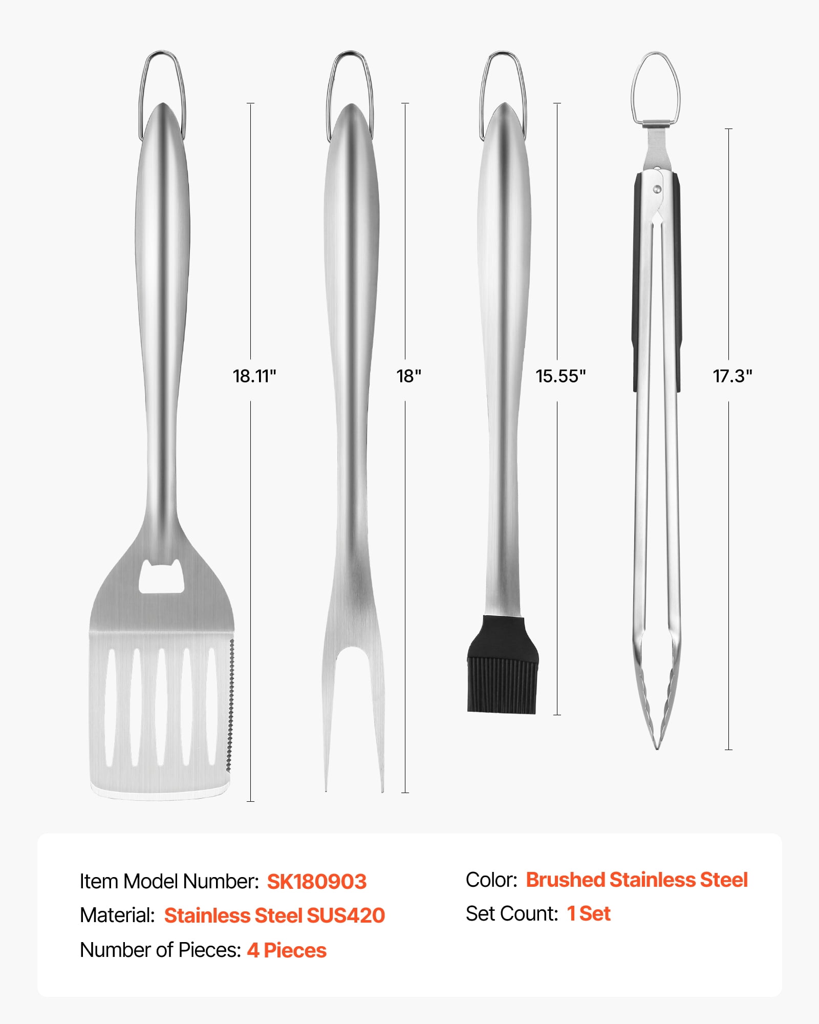VEVOR Grilling Accessories, 4PCS BBQ Grill Tool Set, Heavy Duty Stainless Steel Barbecue Tools, Kitchen Utensils with Tong, Spatula, Fork, Brush, for Outdoor Grills, Gift for Father Men Husband