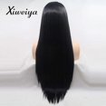 thumbnail image 3 of long straight black synthetic lace front wig Soft Silky black wig heat resistant fiber half hand tied hair replacement for women 24inch, 3 of 5
