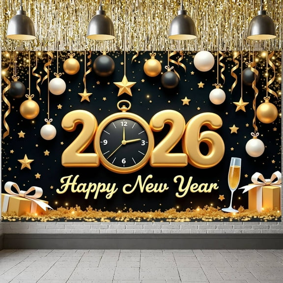 Gold Theme New Year Banner Black Background 2026 Display Star Decorations Ornament Design Happy New Year Backdrop for New Year Party 2026 Celebration Holiday Gathering