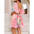 thumbnail image 3 of Women's Colorful Print Belted Mini Dress with Puff Sleeves and waist tie easy care graceful drape 100% Polyester fabric, 3 of 9