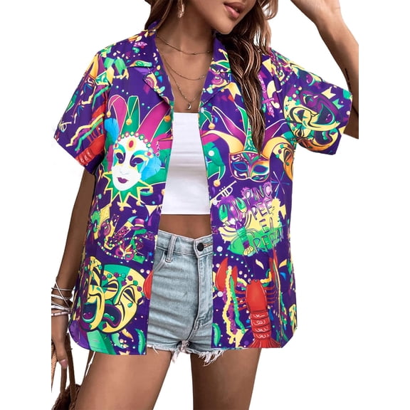 VILOVE Women Mardi Gras T-Shirt Hawaiian Shirt Street Carnival Themed Masks Graphic Tees Beach Vacation Short Sleeve Button Up Tops, Purple