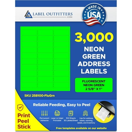3,000 Label Outfitters 2-5/8" x 1" Printable Address Size Neon Fluorescent Green Laser Labels for Laser and Inkjet Printers - 100 Sheets