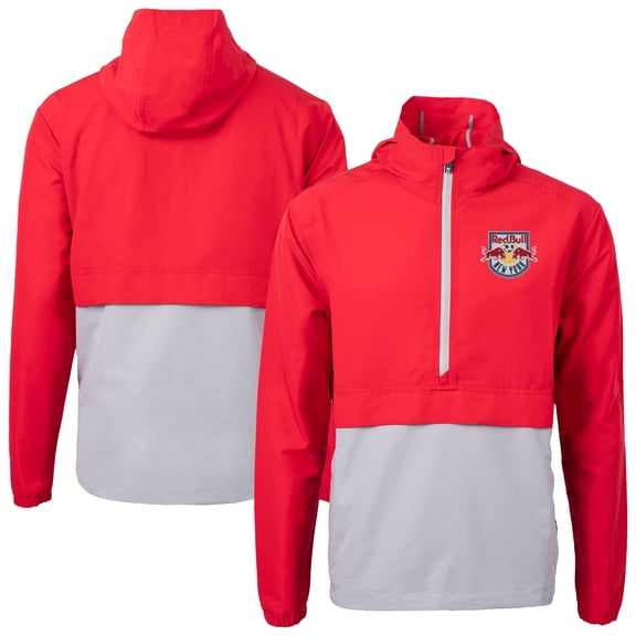 Men's-Cutter & Buck  Red New York Red Bulls Charter Eco Recycled Anorak Hooded Half-Zip Jacket