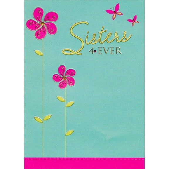 Designer Greetings Two Pink Flowers, Two Pink Butterflies with Gems Hand Decorated Designer Boutique Keepsake Birthday Card for Sister