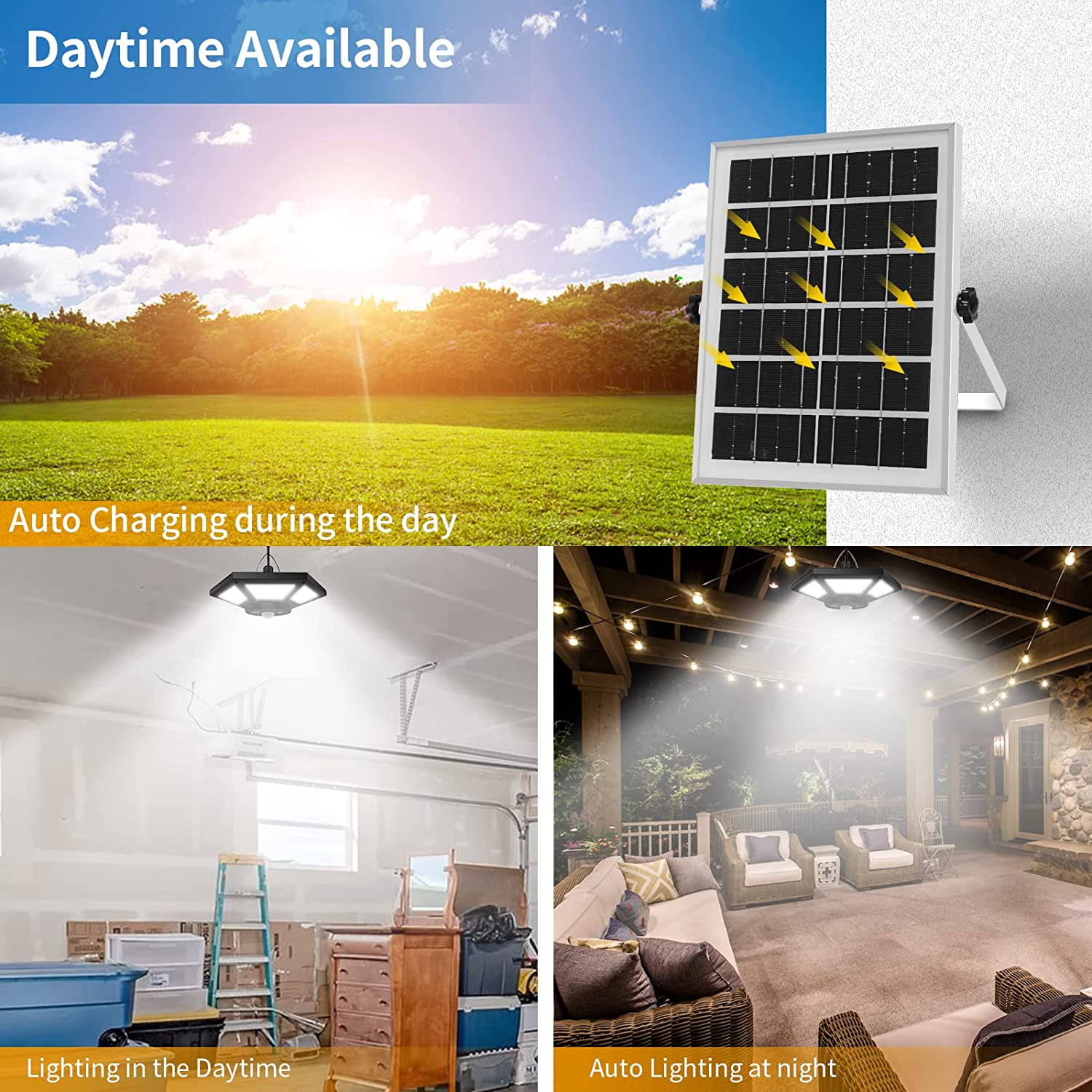 Solar Shed Light Indoor Outdoor Auzev Solar Powered Pandent Daytime Work Lights with 5 Lighting Modes & 3 Timers, 180LED Solar Indoor Lights Motion Sensor with Remote Control 2 Pack