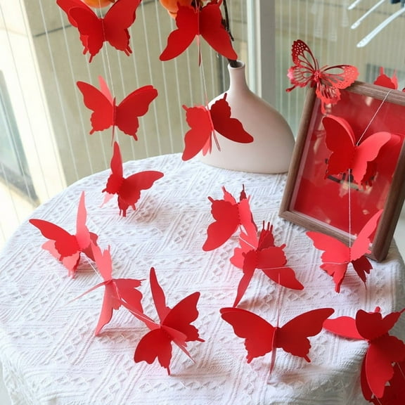 Nvzi-a 5 Pieces 3D Paper Butterfly Banner Hanging Decorative Garland for Wedding, Baby Shower, Birthday and Theme Decor, 118 Inches Long,Red