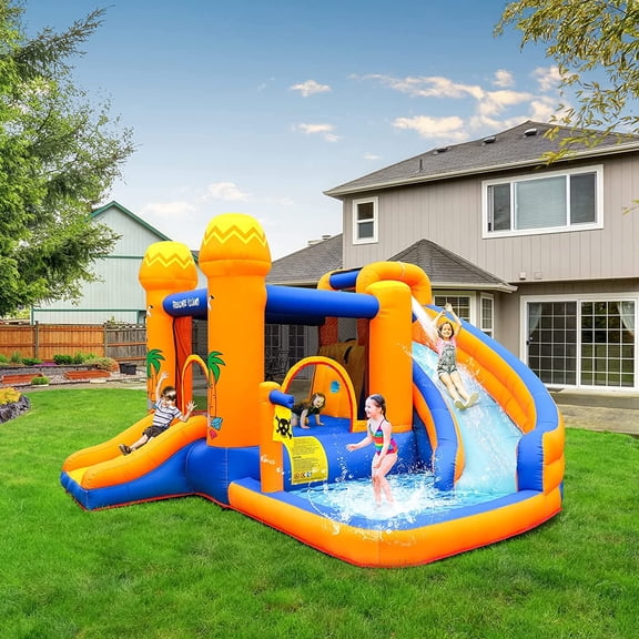 Arlopu Inflatable Bounce House Water Slide with Blower, Outdoor Backyard Jumping Castle Inflatable Play Water Park with Splash Pool for Kids 2-8 Years