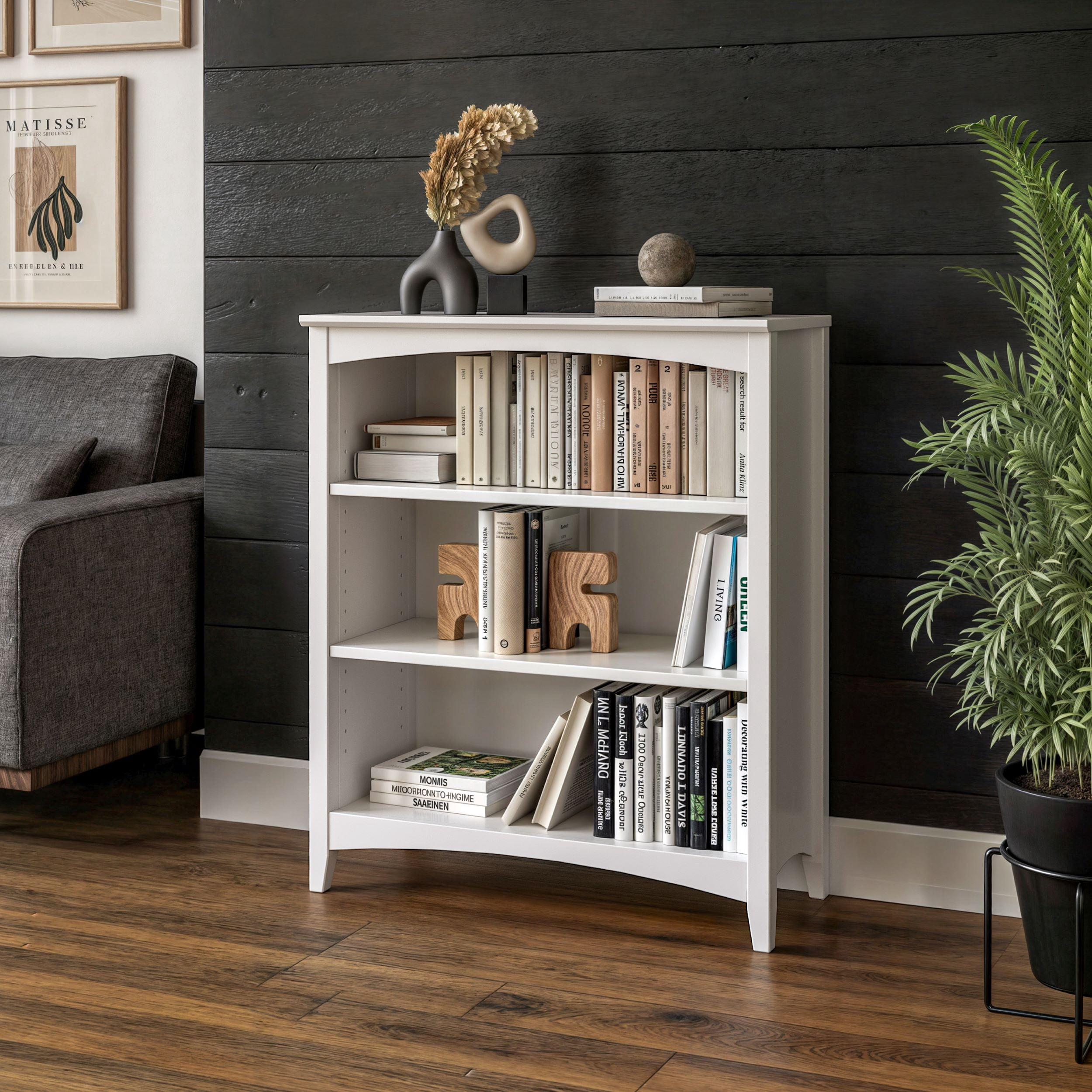 Camaflexi 36” Shaker Style 3-Shelf Wooden Bookcase Closed Back Storage Shelf, White