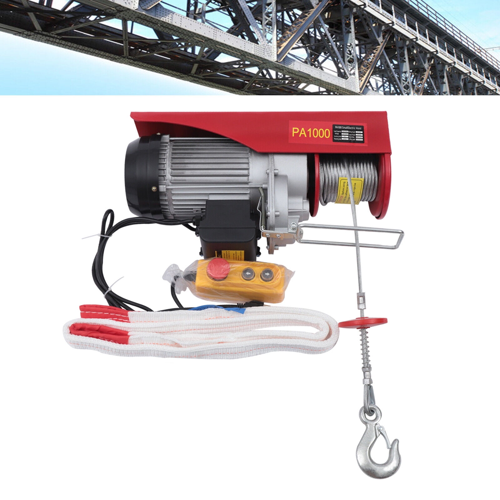 PA1000kg 2200LB Electric Wire Hoist Winch Hoist Crane Lift w/Remote Control 110V PA1000 Electric Wire Hoist Winch Engine Crane Lift Sling Strap 2200 Lbs w/Remote