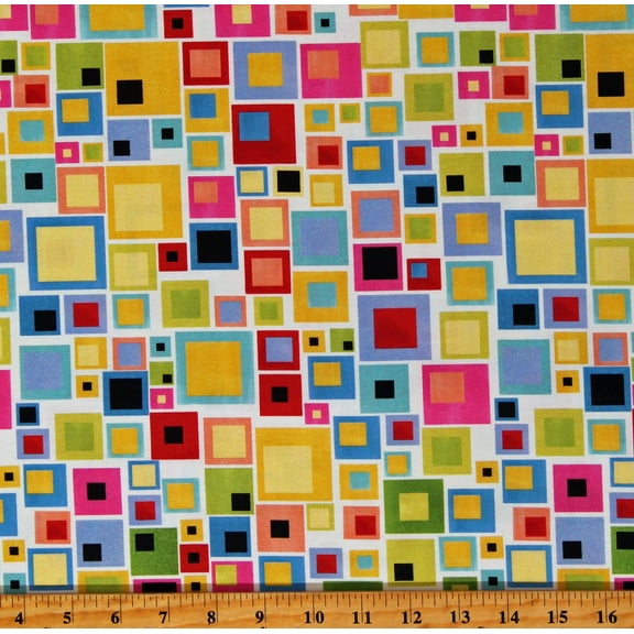 Cotton Blocksalot Loralie Designs Colorful Blocks Squares Patterned White Cotton Fabric Print by the Yard (692-376)