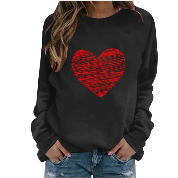 Qepwscx Women'S Long Sleeve Shirts Valentine'S Day Crewneck Sweatshirt Love Heart Printed Blouses For Women Dressy Casual Tops Casual Pullover Sweatshirts Spring Fall Graphic T-Shirtholiday Tshirt