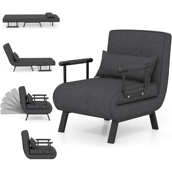Unbranded 4 in 1 ConvertibleSofa Chair Bed, Tri-fold Leisure Recliner Sleeper with 6-Position Adjustable Backrest, Pillow & Metal Frame, Folding Chaise Lounge Couch for Apartment, Bedroom, Home, Gray