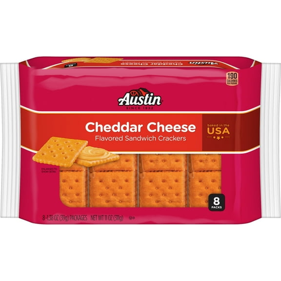 Austin Cheddar Cheese Flavored Sandwich Crackers, Lunch Snacks, 8 Count
