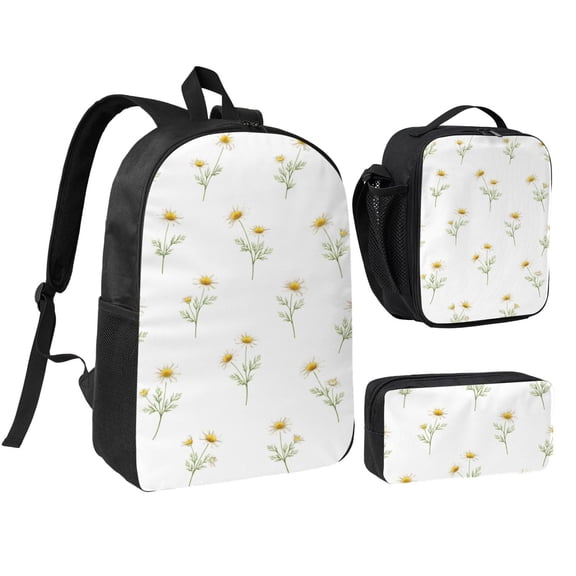 Daisy Flower Minimal Floral Backpack Set 3pc ，Backpack with Lunch Bag and Bag 17 Inch