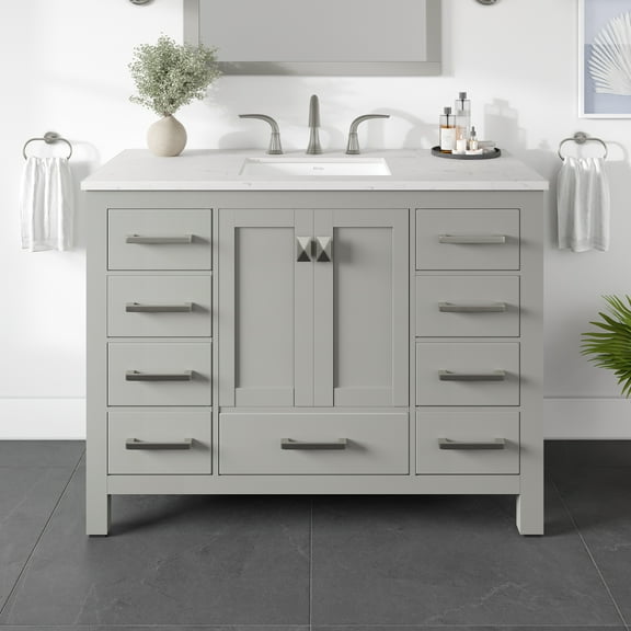 Eviva Aberdeen 42"W x 22"D Gray Bathroom Vanity with White Carrara Quartz Countertop and Undermount Porcelain Sink