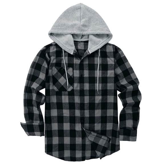 Classic Plaid Jacket Hoodie, Button Up Flannel Shirt Jackets for Men with Hood, Long Sleeve Hooded Plaid Shackets (X-Large, White)