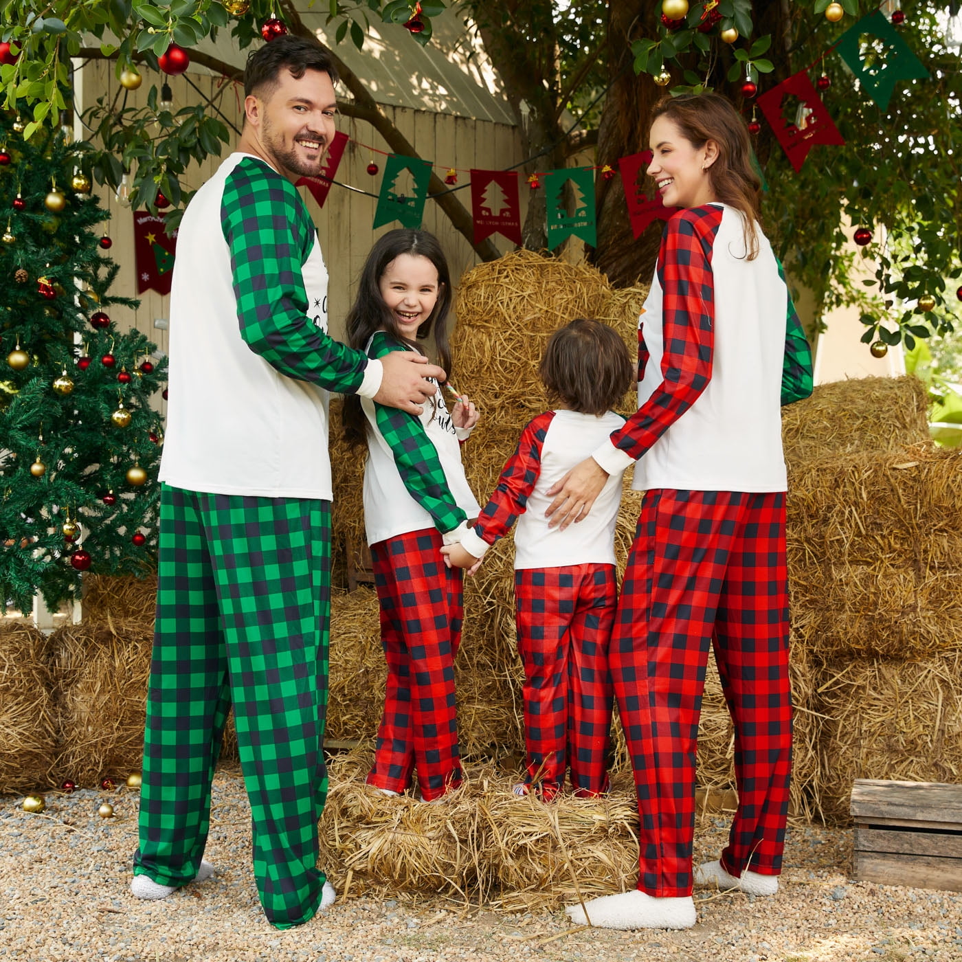Christmas Letter Print Long-sleeve Plaid Family Matching Pajamas Sets(Flame Resistant)