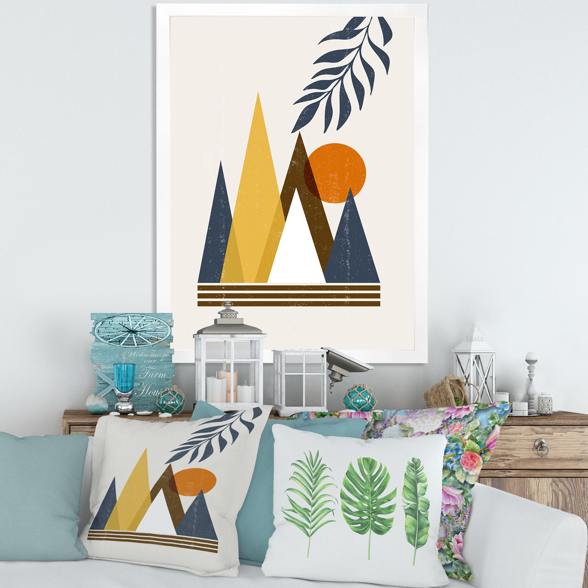 Designart 'Abstract Moon and Sun In Mountains I' Modern Framed Art Print