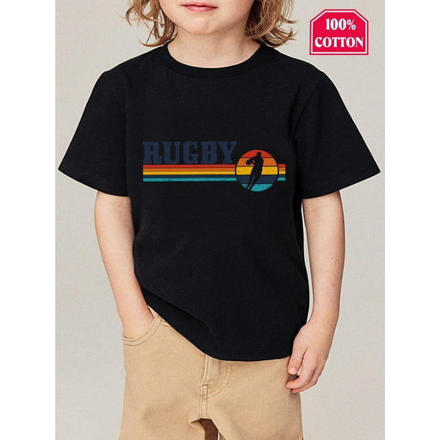 Rugby T-shirt - Boys' Rugby Graphic Cotton T-Shirt - Short Sleeve, Black with Colorful Stripes & Football Design, Casual Crew Neck Tee for Youngsters, Perfect Gift for Sports Fans