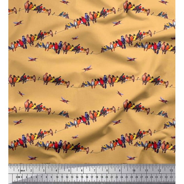 Soimoi polyester Crepe Fabric Colorful Bird Printed Craft Fabric by the Yard 42 Inch Wide