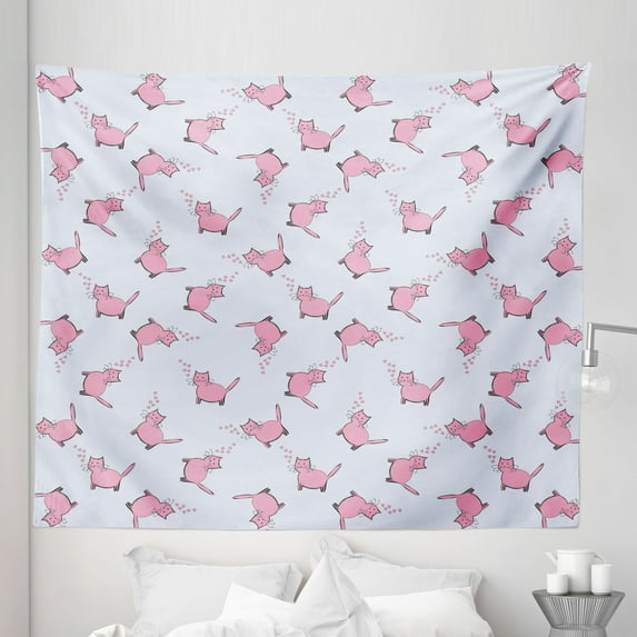 Cat Lover Tapestry, Romantic Pink Cats in Cartoon Style Drawing with Little Hearts Kitty Whiskers, Fabric Wall Hanging Decor for Bedroom Living Room Dorm, 5 Sizes, Pale Grey Pink, by Ambesonne