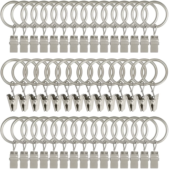 SURJDE 44 Pack Metal Metal Curtain Rings with Clips, Curtain Hangers Clips, Drapery Clips with Rings, Drapes Rings 1 in Interior Diameter, Fits Diameter 5/8 in Curtain Rod, Matte Silver