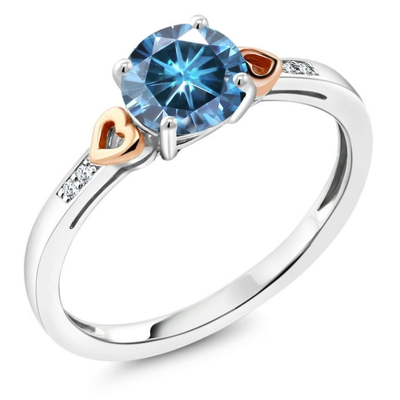 Gem Stone King 925 Silver and 10K Rose Gold Persian Blue Moissanite and White Diamond Solitaire Engagement Ring for Women (1.03 Cttw, Round 6.5MM, Gemstone Birthstone, Size 7)