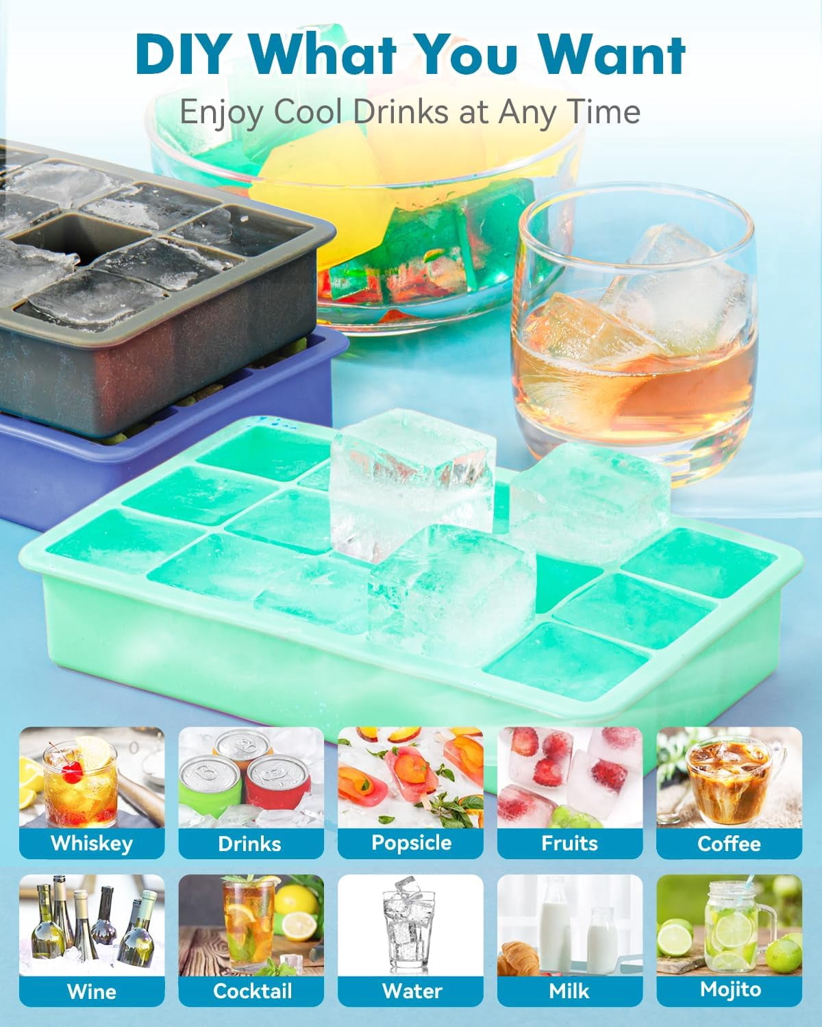 2-Pack Silicone Ice Cube Trays – 1.25" Square, 30 Cubes (15 per Tray), Easy-Release – BPA-Free – For Freezer/Cocktail/Whiskey – 5 Colors