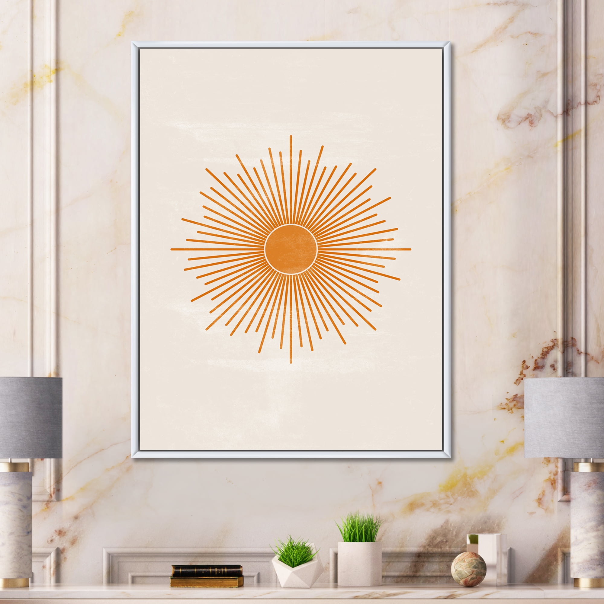 Designart 'Orange Sun Print On Beige II' Modern Framed Canvas Wall Art Print