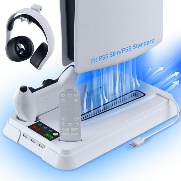 Cooling Station Stand for PS5 Slim/PS5 with Dual Controller Charging Station, 3-Stage Cooling Fan, 3 USB Hubs. Cooler Accessory for PS5/PS5 Slim Disc and Digital Edition