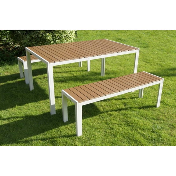 Benzara Plain And Contemporary Anodized Aluminum Table And Bench Set In White (Set of 3)