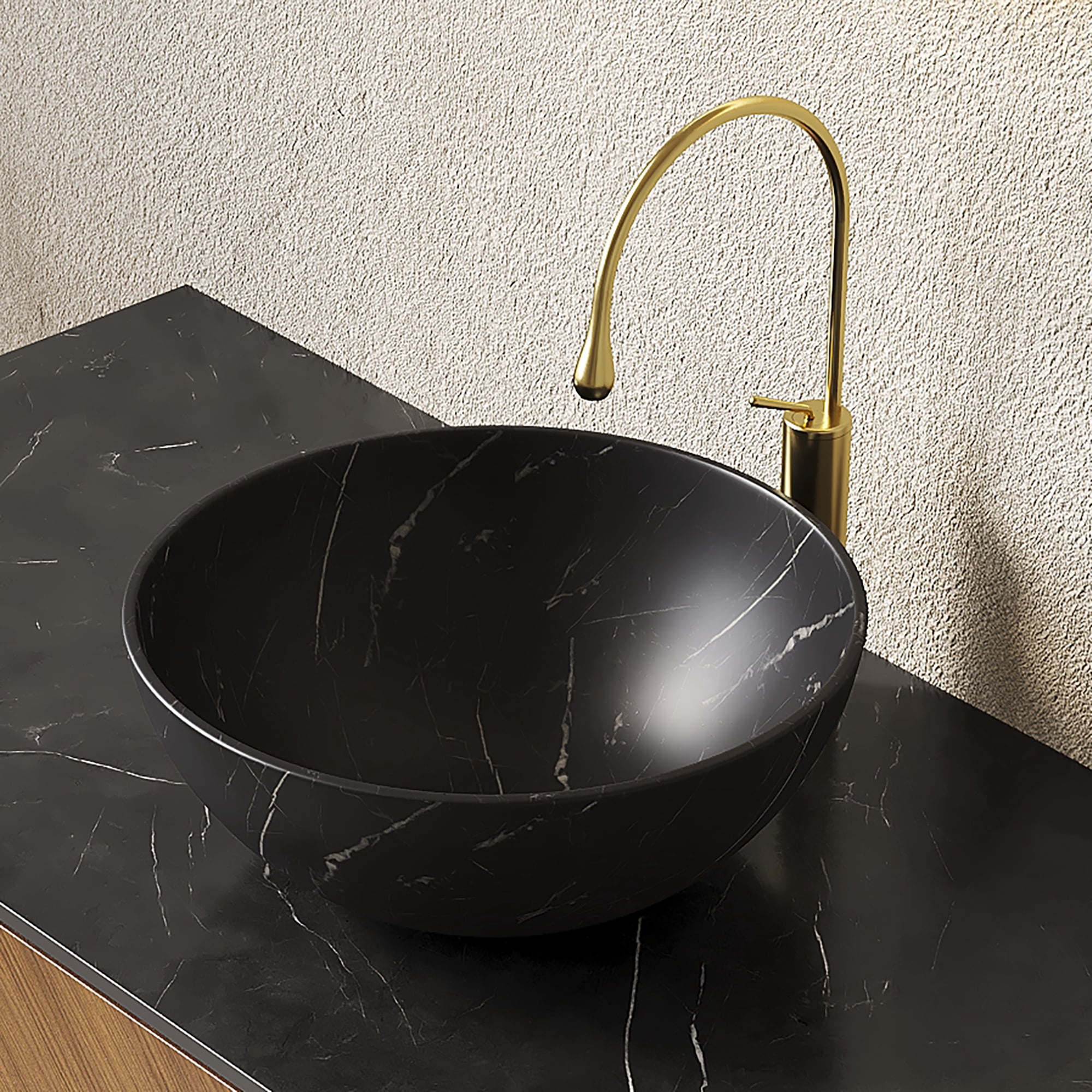 Wohh 14 Inch Bowl Shape Bathroom Sink with Marble Pattern, Small Black Ceramic Integrated Countertop Vessel Sink, 14.17 x 5.51 Inch Durable Porcelain Vanity Basin for Vanity Storage Cabinet Use