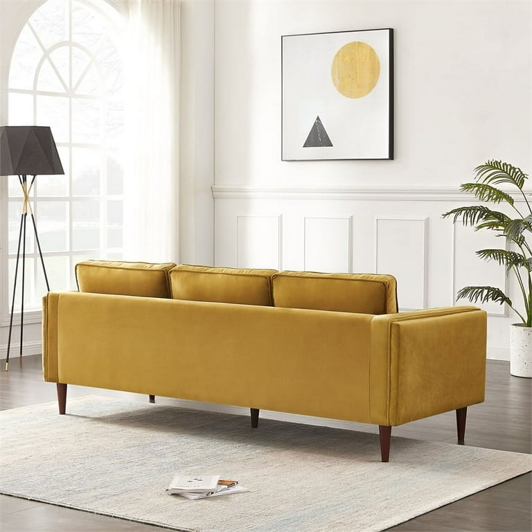Hudson 88 Mid Century Velvet Sofa Couch Modern Pillow Back 3 Seater Sofa with 2 Bolster Pillows Living Room Bedroom Apartment Dorm Office in Gold