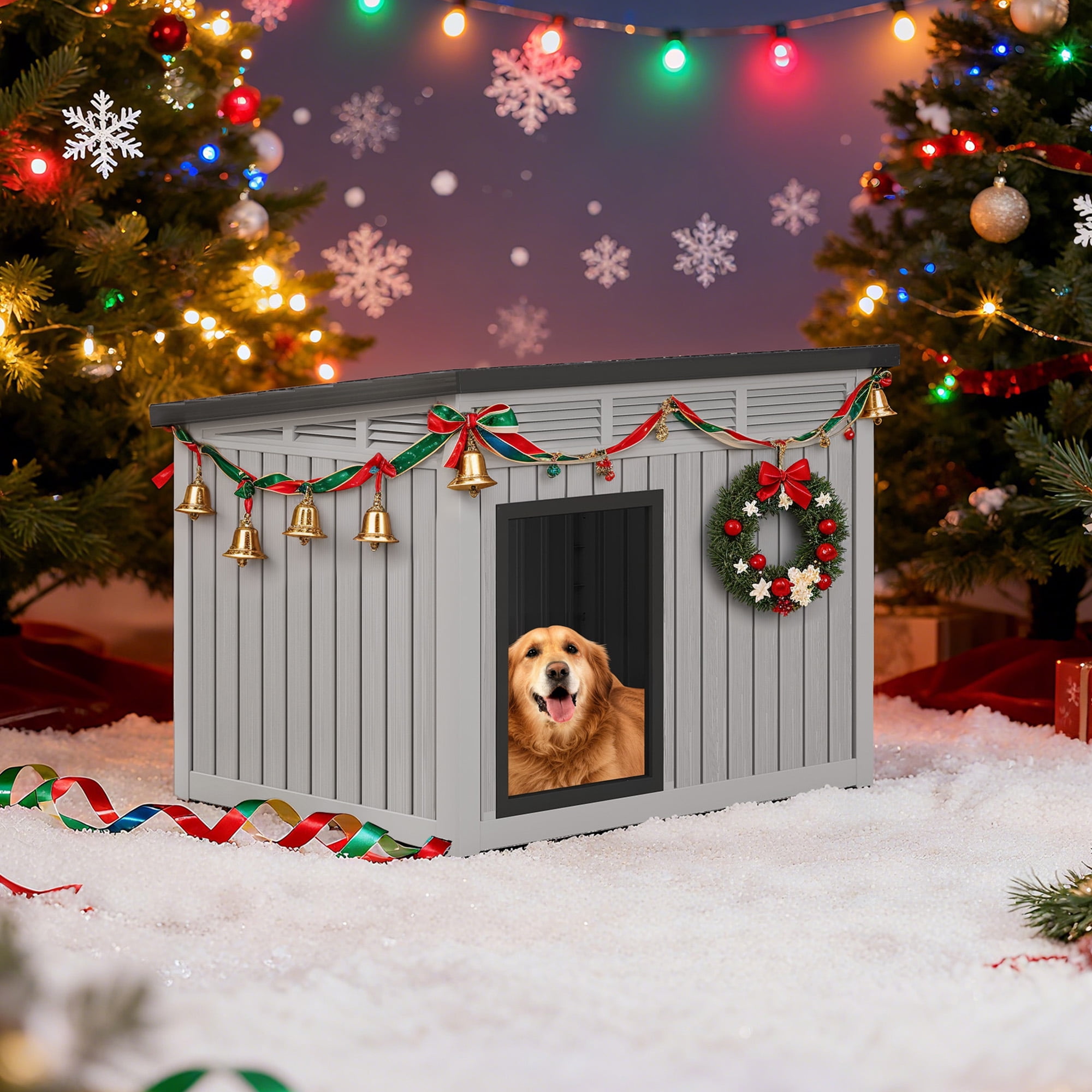 LHBcraft Waterproof Dog House,Indoor & Outdoor Dog Shelter with Ventilated Design & Removable Roof, PP Dog Kennel for Medium to Large Dogs,Gray,42.8" L x 33" W x 31" H