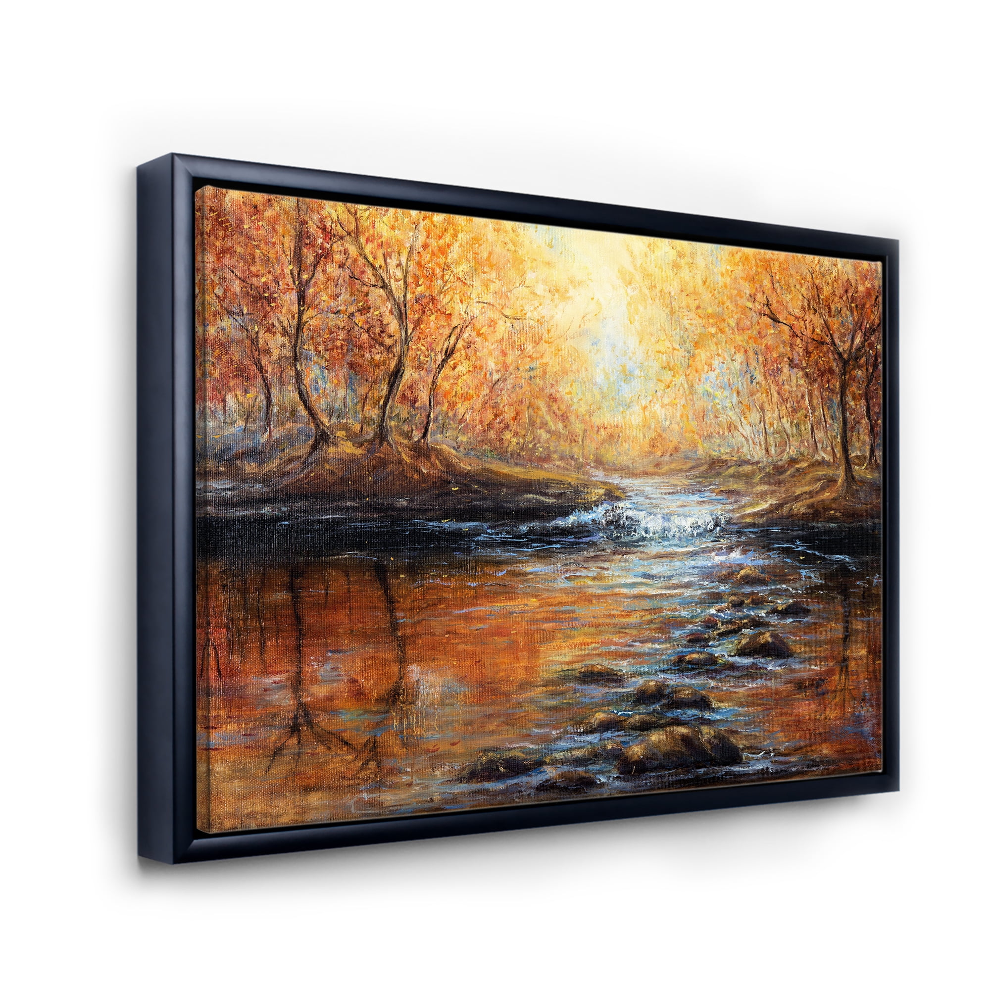Sunrise Glow In The Autumn Forest 32 in x 24 in Framed Painting Canvas Art Print, by Designart