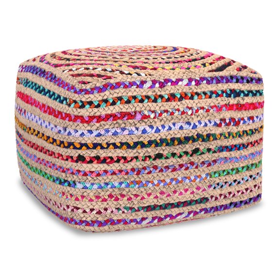 Simpli Home Margo 20 inch Wide Boho Pouf in Multicolor Natural Jute/Cotton Chindi, Assembled