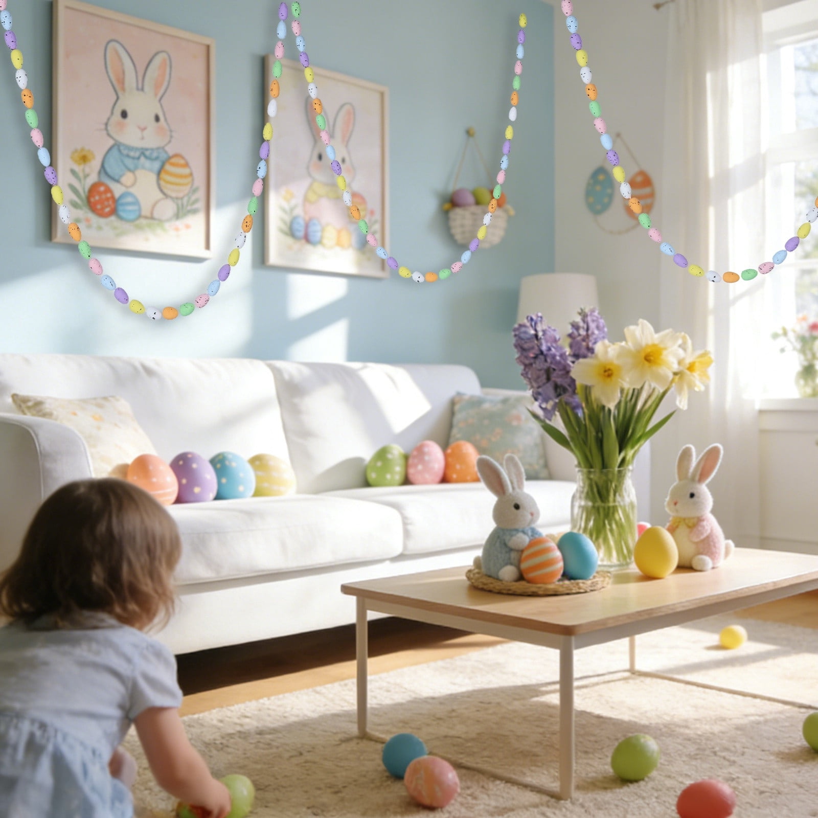 Colorful Easter Foam Egg Hanging Garland, 3.9ft Spring Party Decorative Banner for Home Wall Mantle Window, Classroom Wedding and Birthday Party Favors Supplies (4 Pcs)