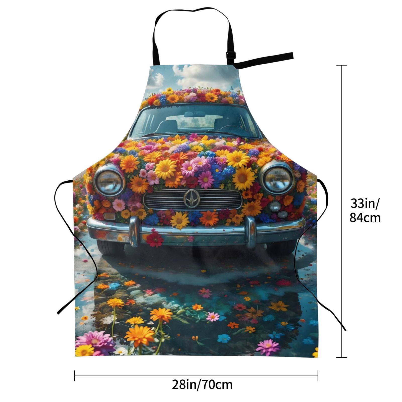 Kdxio Flower Covered Vintage Car Apron with Pockets Adjustable Kitchen Aprons for Men Women Waterproof Aprons for Cooking,Drawing,Crafting, Baking Household Cleaning