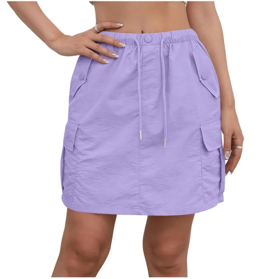 ZToonmas Women's Elastic Waist Cargo Mini Skirt Drawstring and Button Detail Short Skirt with Flap Pockets Casual Utility Skirt