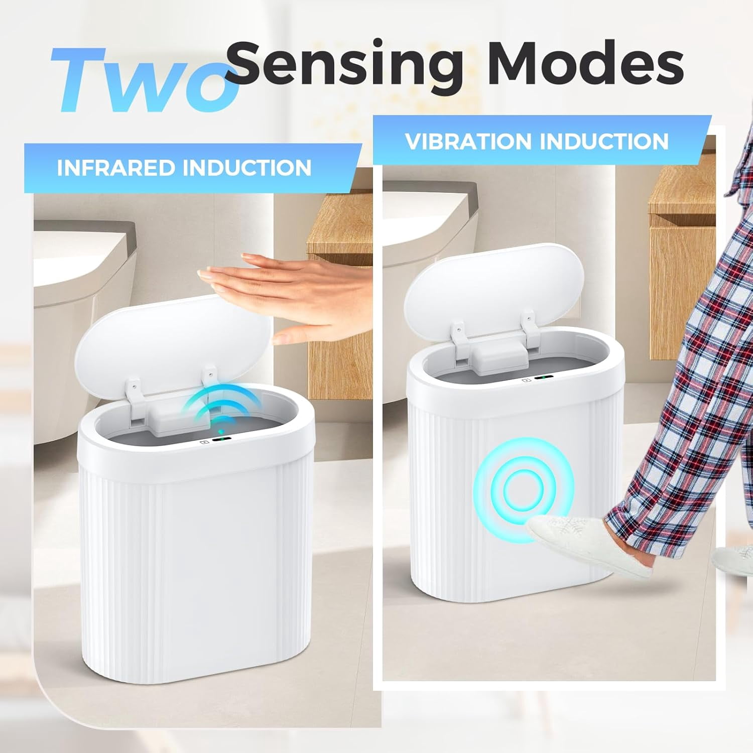 2 Pack 5 Gallon Bathroom Trash Can with Lid, Automatic Motion Sensor White Trash Can, Touchless Slim Waterproof Garbage Bin for Kitchen, Bedroom, Office, and Bathroom