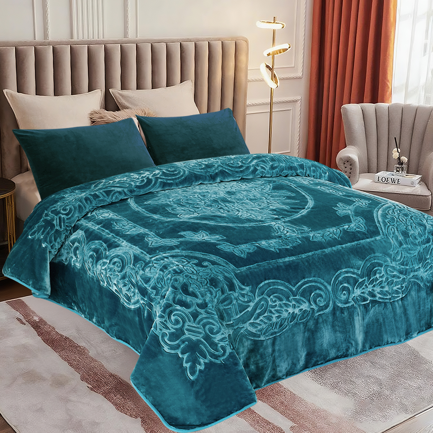 Heavy Thick Fleece Blanket King Size, 9lbs,1 Ply Silky Soft Warm Flower Embossed Raschel Winter Blanket, Minky Soft Plush Blanket for Sofa Bed, 85"x95", Teal