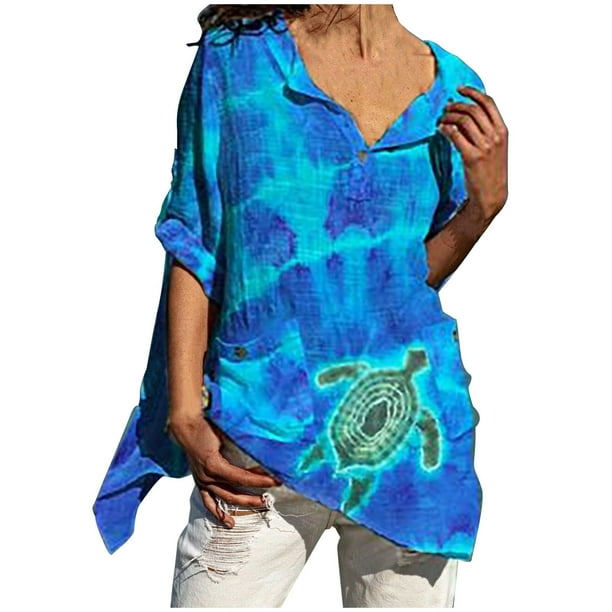 Blusa holgada de algodón con manga 3/4 y cuello redondo de verano para mujer Fridja hj2334