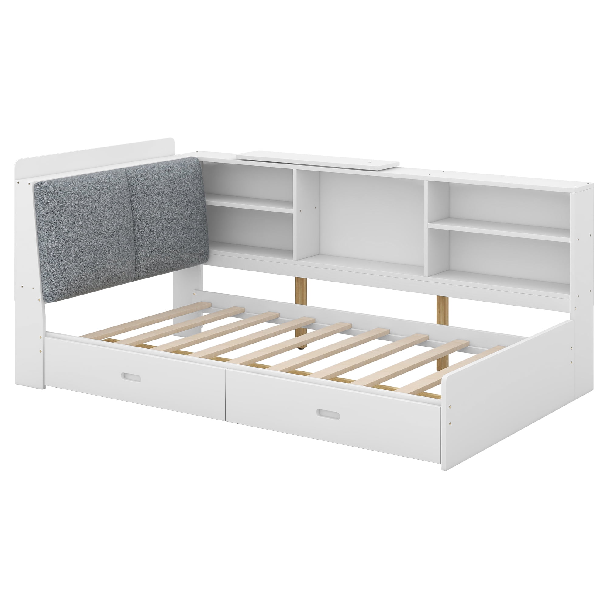 Euroco Wood Twin Size Platform Bed with Storage Headboard and Shelves, 2 Drawers Floor Bed for Kids, White