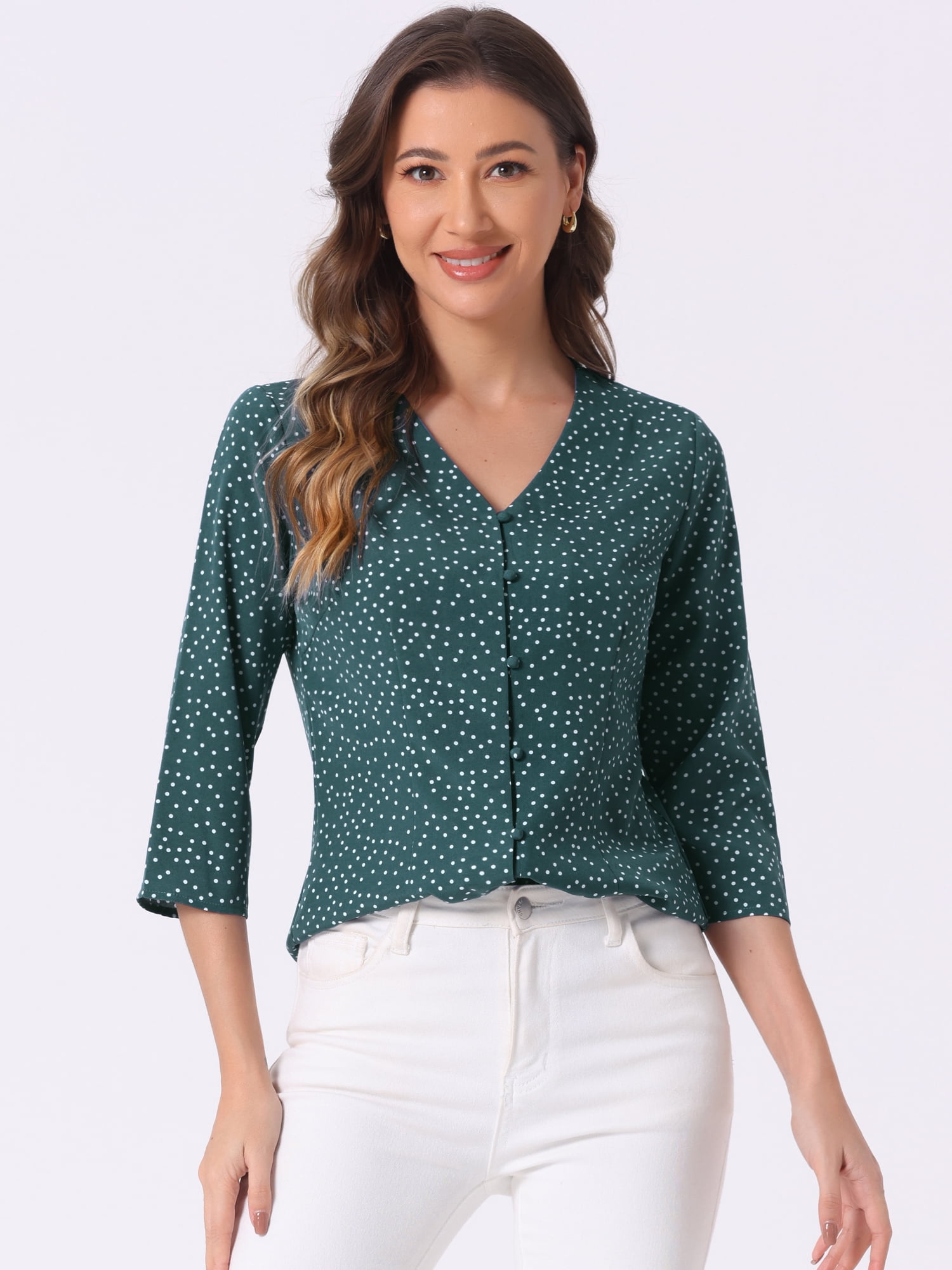 DARING DIVA Women's Polka Dots 3/4 Sleeve Button Front V Neck Blouse M Teal Green