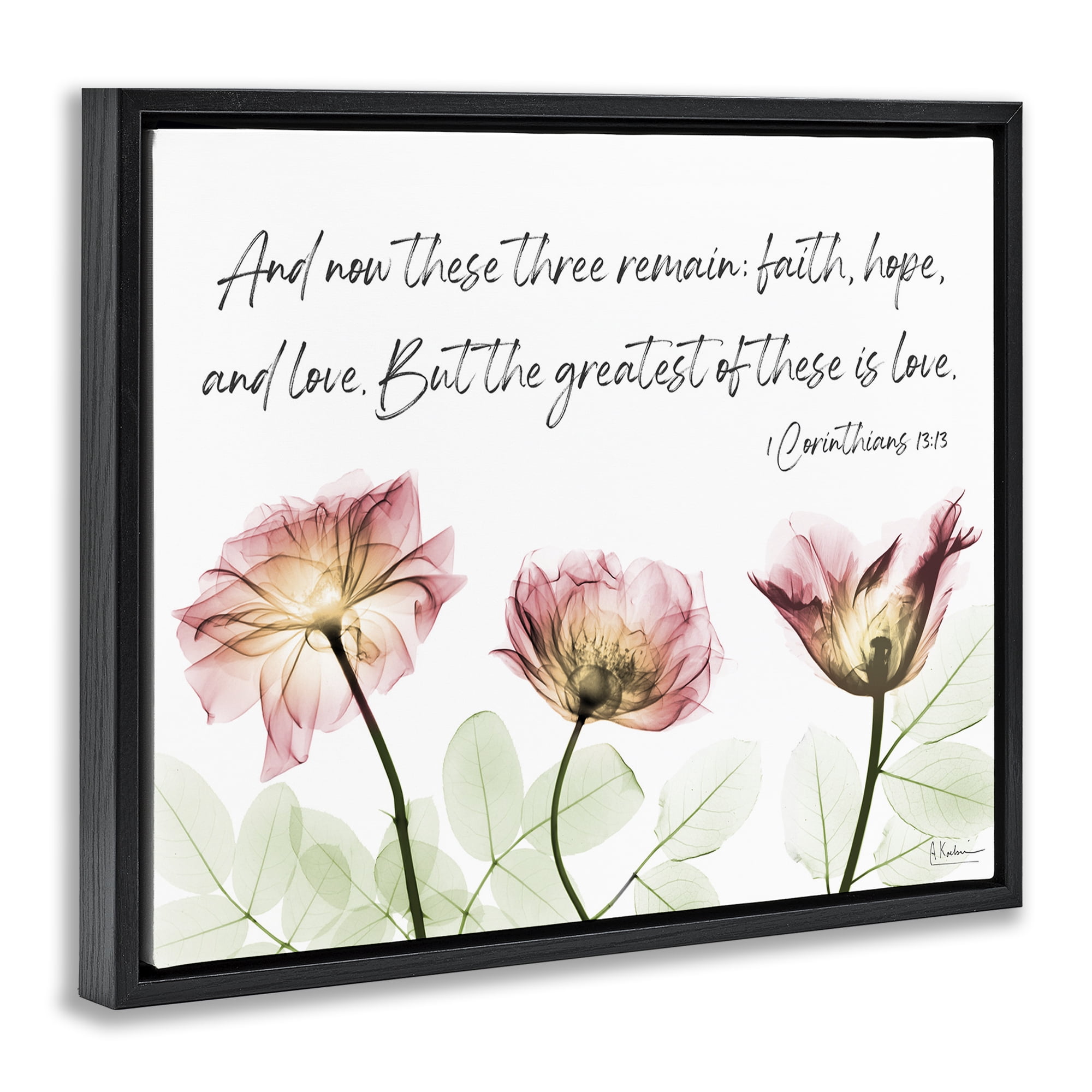 Stupell Industries Faith Hope Love Floral Religious Painting Black Floater Framed Art Print Wall Art, 21 x 17