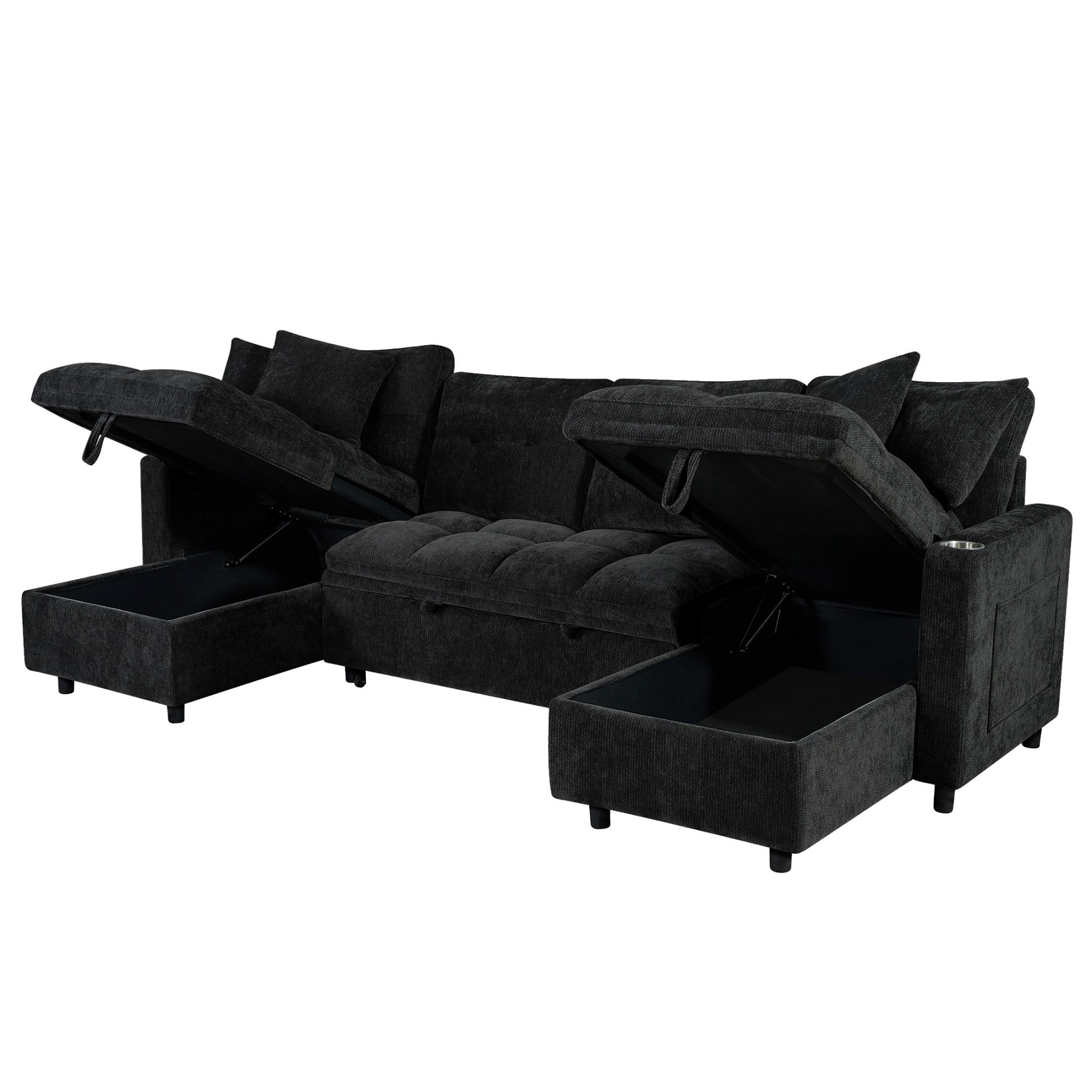 DEALTOPS 108" Chenille U-Shaped Sectional Pull Out Sleeper Sofa Bed with Storage Chaise, USB & Tray Table, Black