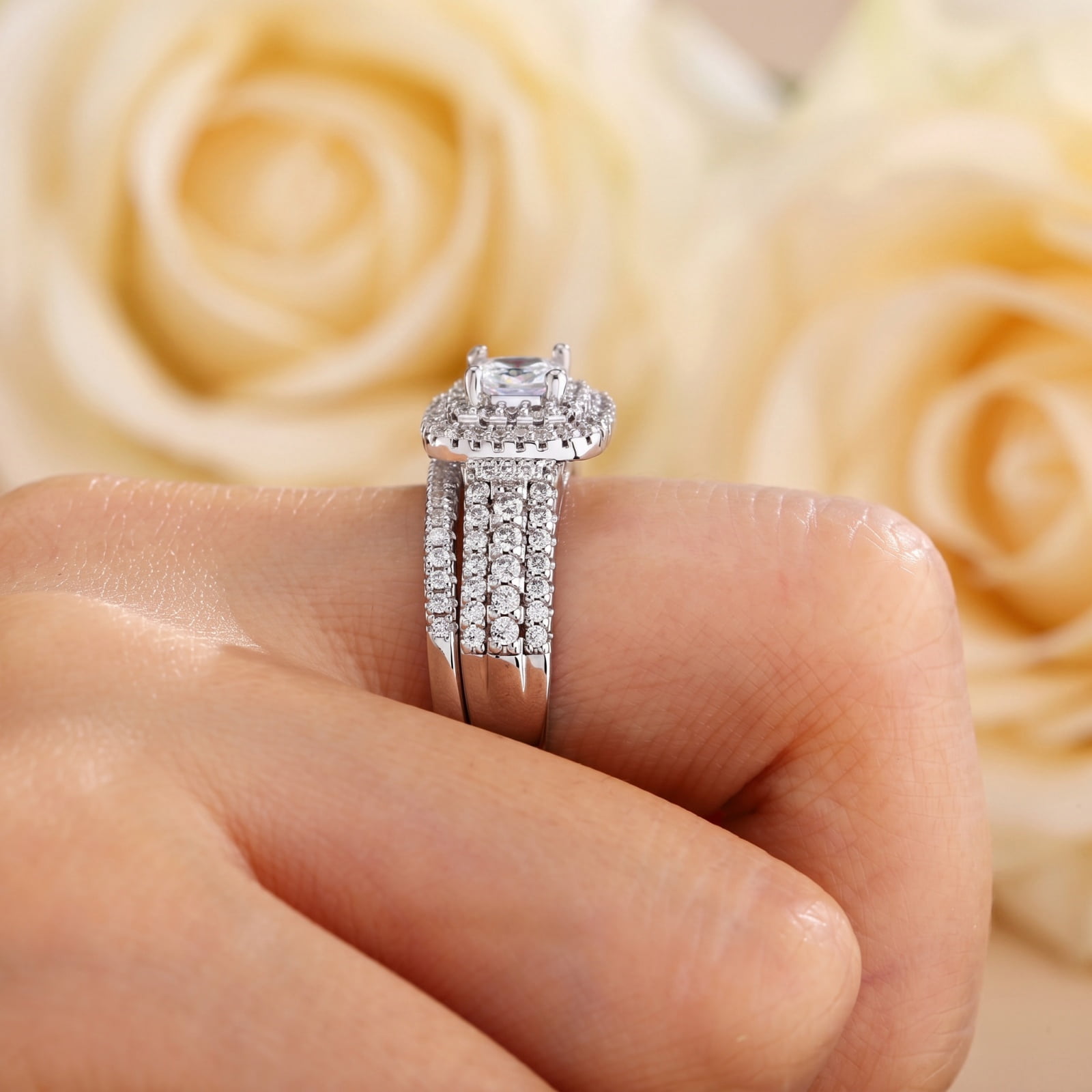 SFTING Wedding Rings Set for Women Halo Princess Cut 5A CZ Engagement Rings Silver 18K Plated Jewelry Anniversary Gift for Her Size 9